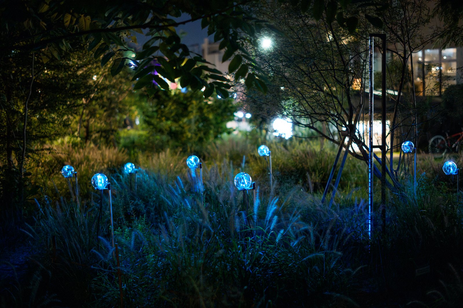 Botanical Intelligence: Moon Edition — devices and LED bars across the biotope at night